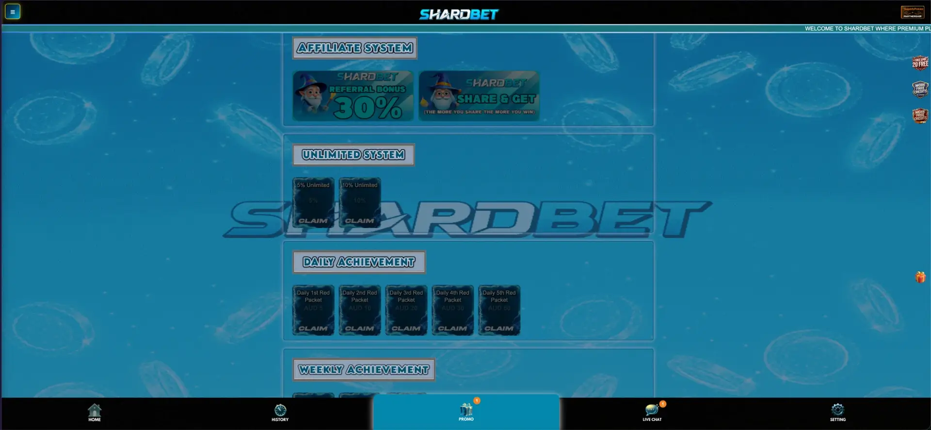 Shardbet affiliate system and achievements