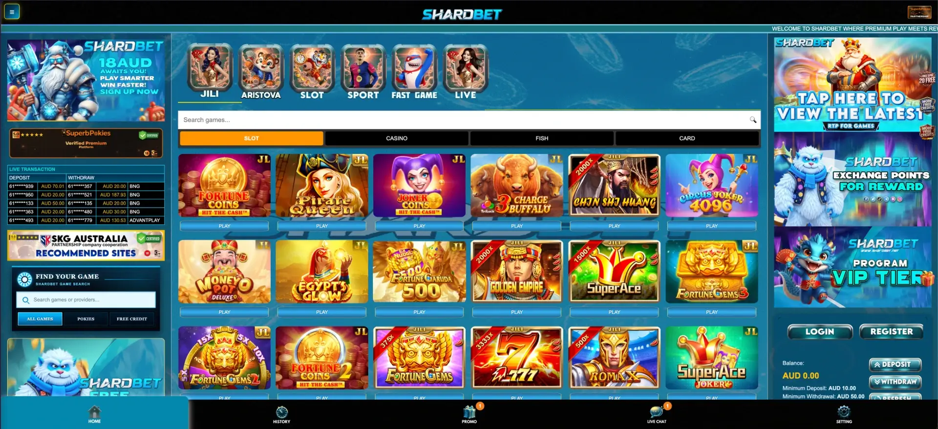 Shardbet slot games and pokies lobby