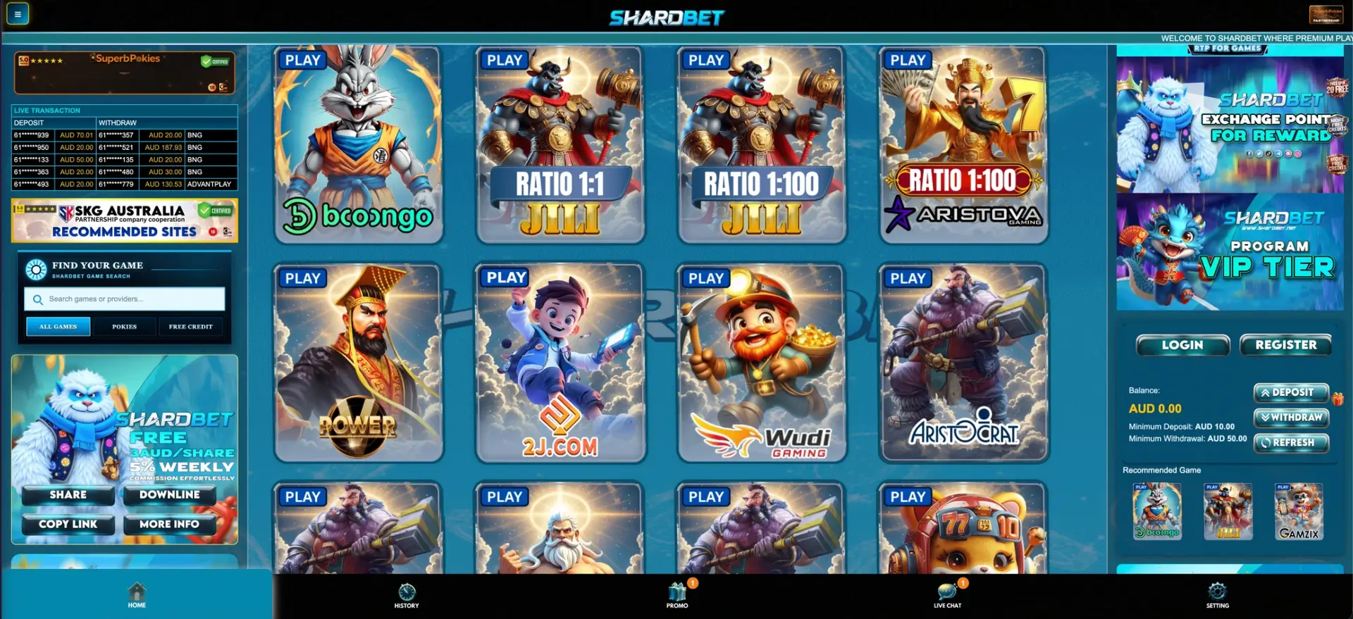 Game providers available in the Shardbet casino lobby
