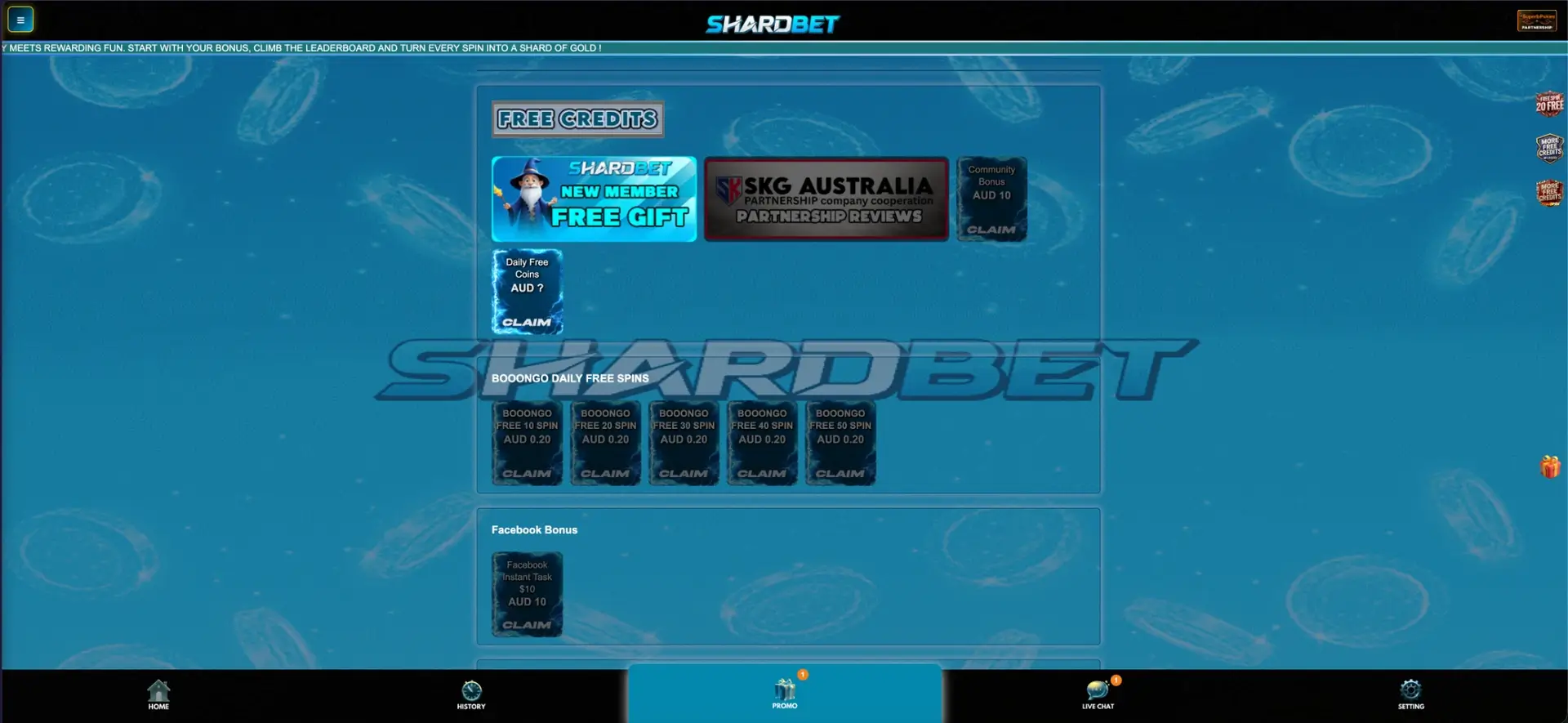 Free credit promotions at Shardbet