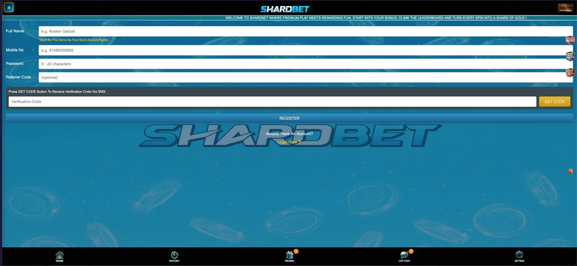 Shardbet account registration form